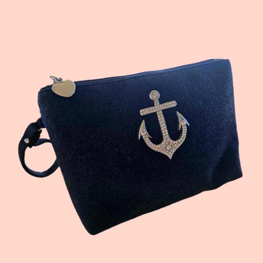 Lovely Nautical Evening Clutch Featuring Rhinestone Anchor Silver Heart Like New